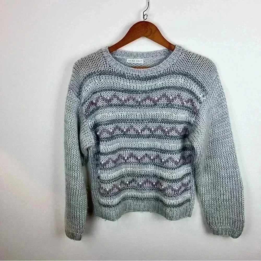 Women's hand-knit Sz.L Striped Sweater with beads Cottagecore 90s/Y2K - Picture 1 of 5